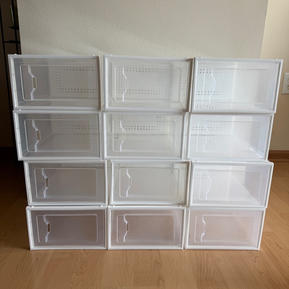 BanBers Clear Plastic Stackable Storage Shoe Boxes Closet Organizers, 12-Pack